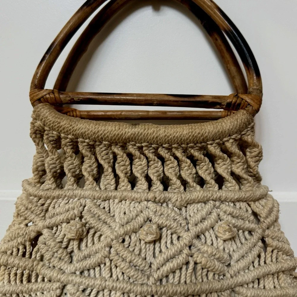 Hand Made Vintage 1970's‎  Macrame' Cream Color Sack Purse with Bamboo Handles